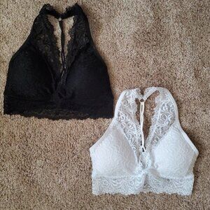 2 Lace Halter T Back Bralettes Black White NWOT